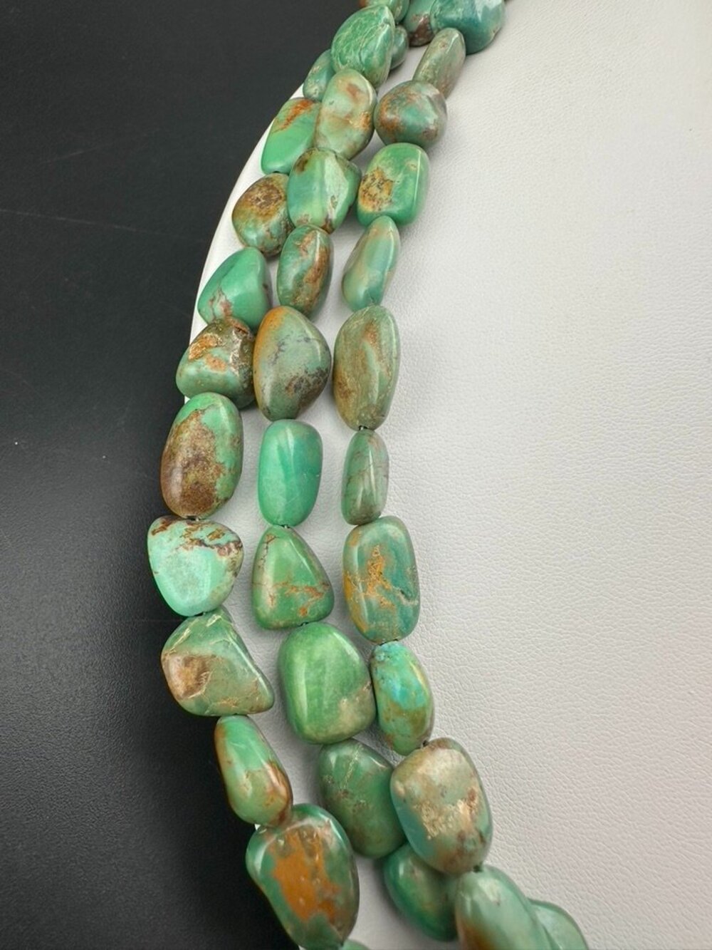 3 Strand Natural Green Turquoise Nugget Bead Sterling Silver Bib Necklace - Picture 4 of 6